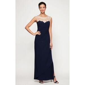 NWT Alex Evenings Petite Navy Sweetheart Embroidered Lace Neckline Gown Size 14P